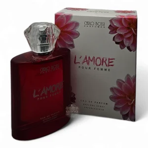 Parfum feminin Lamore Red - note de coacăze negre, iasomie și vanilie, inspirat de Amor Amor de la Cacharel, ideal pentru seară